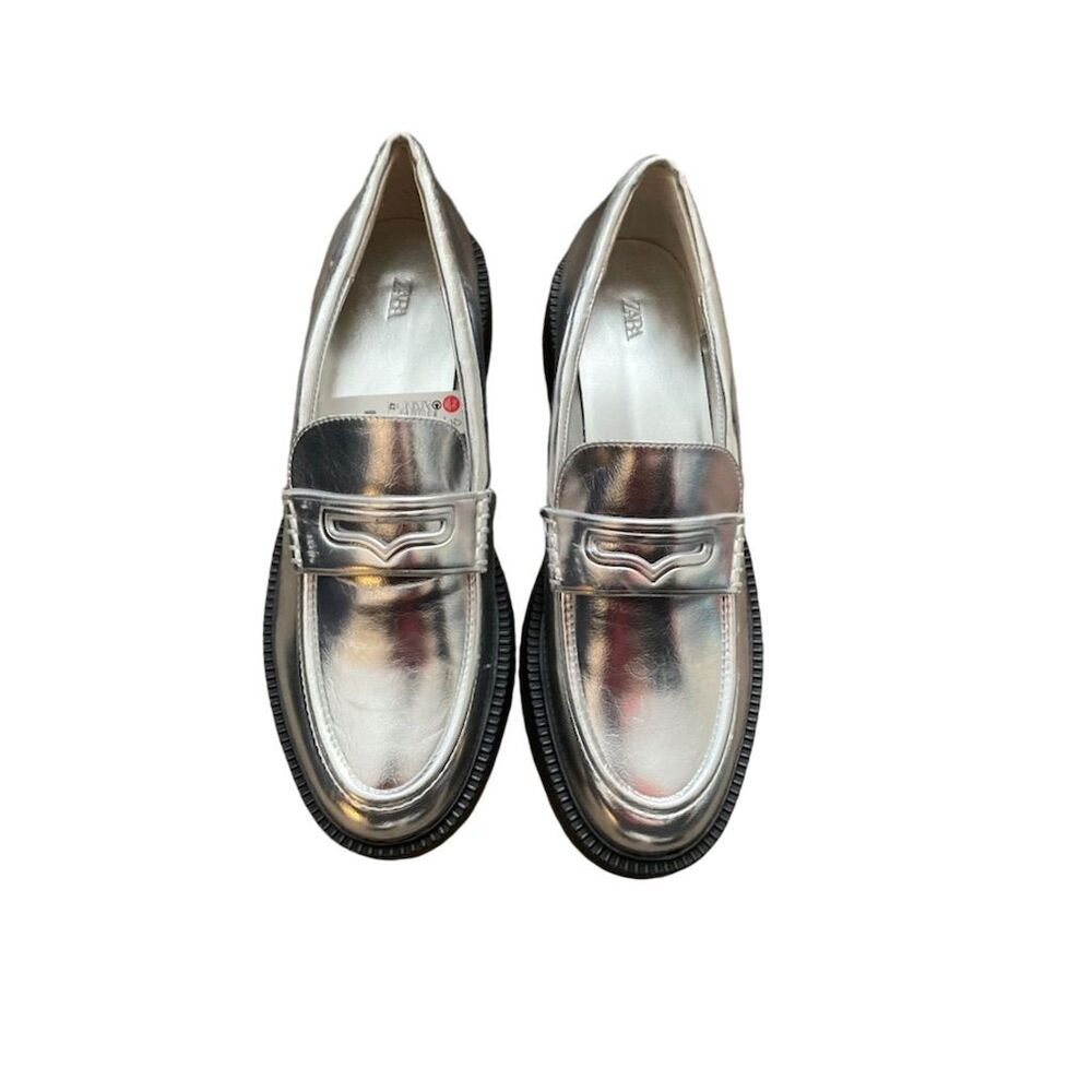Zara Metallic Silver Penny Loafers